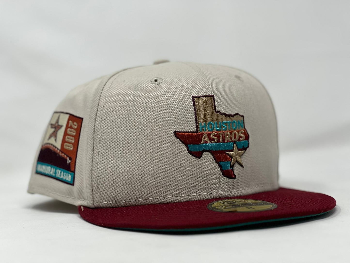 HOUSTON ASTROS 2000 INAUGURAL SEASON CHROME BURGUNDY VISOR TEAL BRIM NEW ERA FITTED HAT