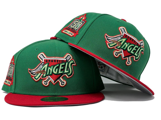Angels 50th Annivesary "XMAS COLLECTION" Green Red Visor Gray Brim New Era Fitted Hat