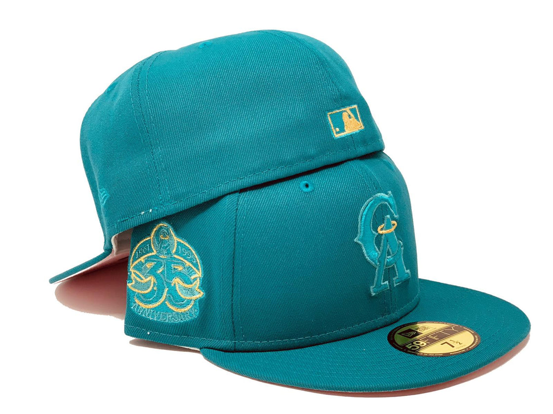 CALIFORNIA ANGELS 35TH ANNIVERSARY BRIGHT TEAL PINK BRIM NEW ERA FITTED HAT