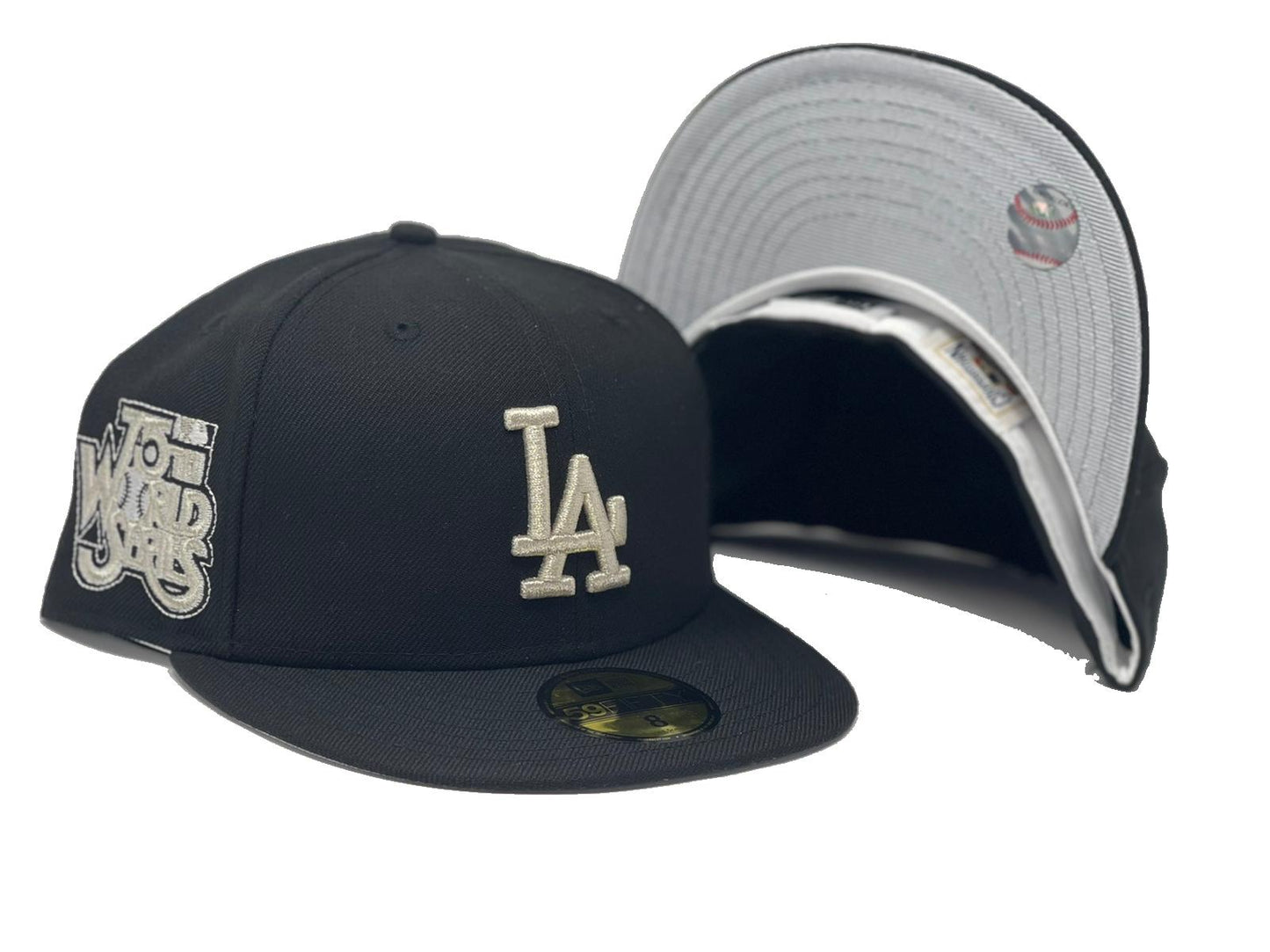 LOS ANGELES DODGERS 75TH WORLD SERIES BLACK METALLIC SILVER BRIM NEW ERA FITTED HAT