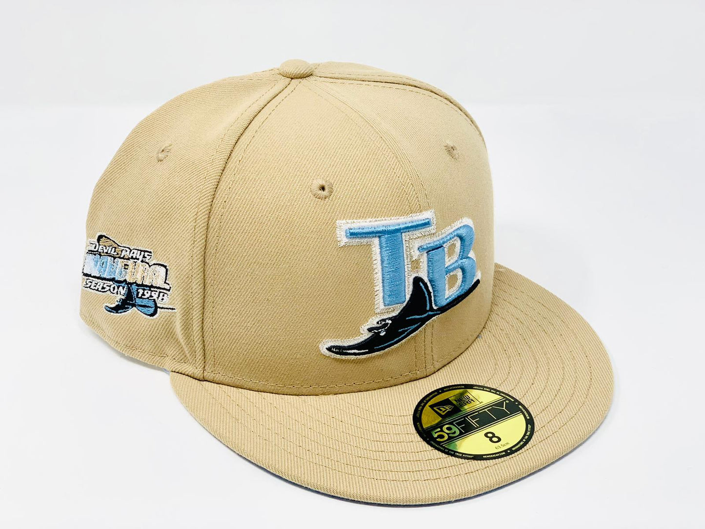 TAMPA BAY DEVIL RAYS 1998 INAUGURAL SEASON TAN ICY BRIM NEW ERA FITTED HAT