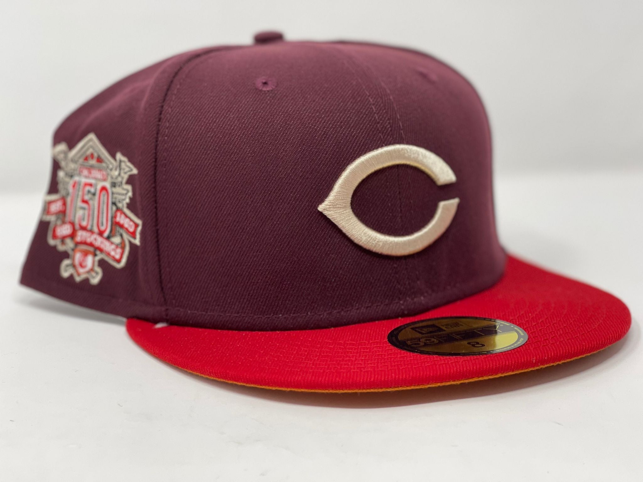 Black Cincinnati Reds Rust Orange Visor Icy Blue Bottom 150th Anniversary Side Patch New Era 59FIFTY Fitted 7