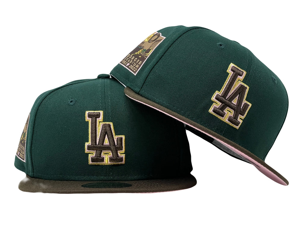 LOS ANGELES DODGERS 60TH ANNIVERSARY DARK GREEN BROWN VISOR PINK BRIM NEW ERA FITTED HAT