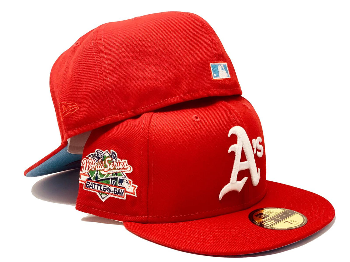 OAKLAND ATHLETICS 1989 BATTLE OF THE BAY RED ICY BRIM NEW ERA FITTED HAT