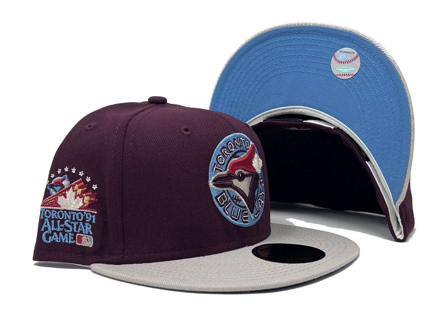 TORONTO BLUE JAYS 1991 ALL STAR GAME MAROON OFF-WHITE SKY-BLUE BRIM NEW ERA FITTED HAT