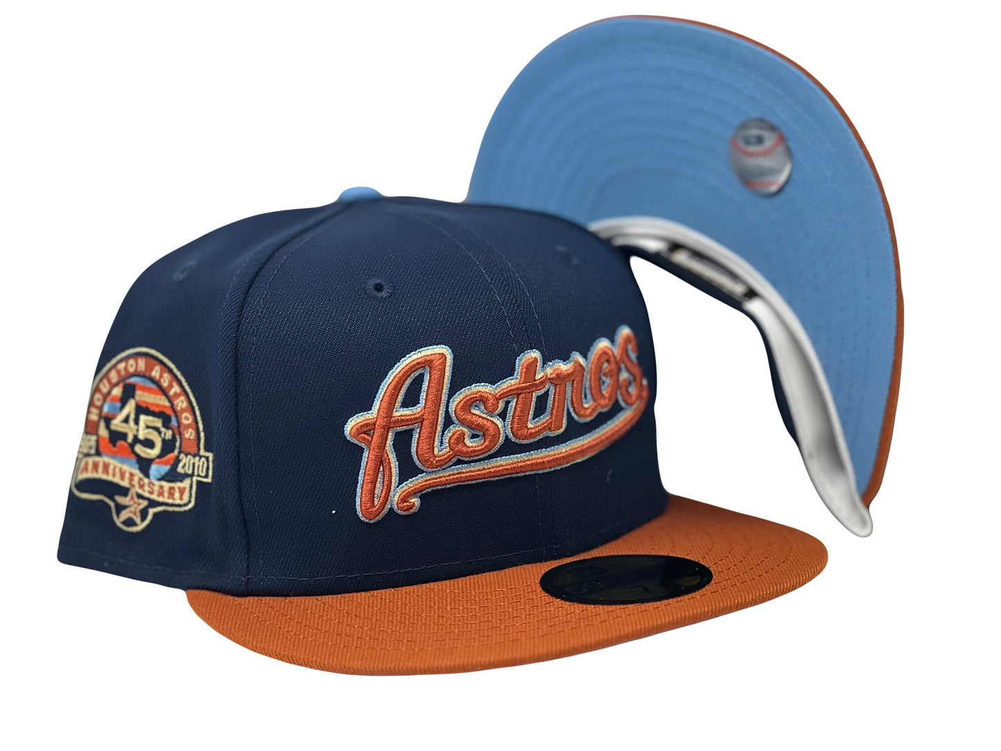 HOUSTON ASTROS 45TH ANNIVERSARY NAVY RUST ORANGE VISOR SKY BLUE BRIM NEW ERA FITTED HAT