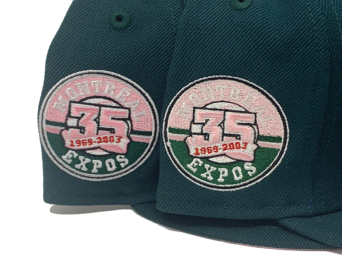 MONTREAL EXPOS 35TH ANNIVERSARY DARK GREEN PINK BRIM NEW ERA FITTED HAT