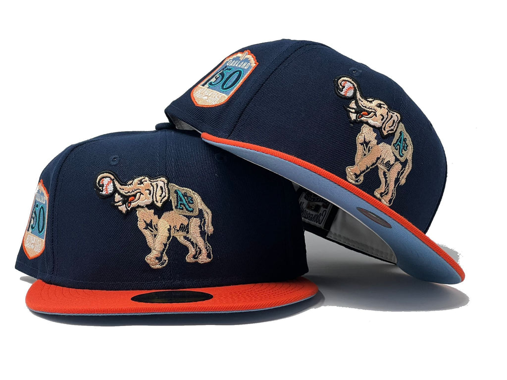 OAKLAND ATHLETICS 50TH ANNIVERSARY LIGHT NAVY ORANGE VISOR ICY BRIM NEW ERA FITTED HAT