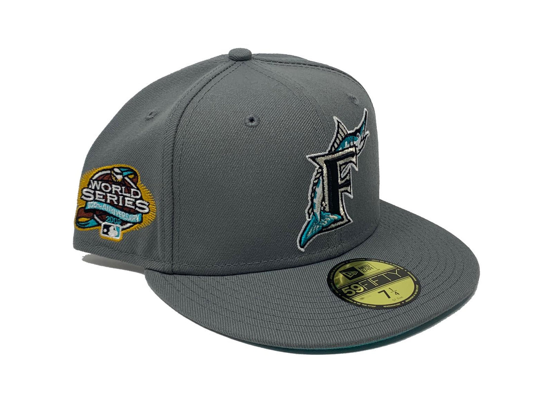 FLORIDA MARLIN  2003 WORLD SERIES STORM GRAY TEAL BRIM NEW ERA FITTED HAT