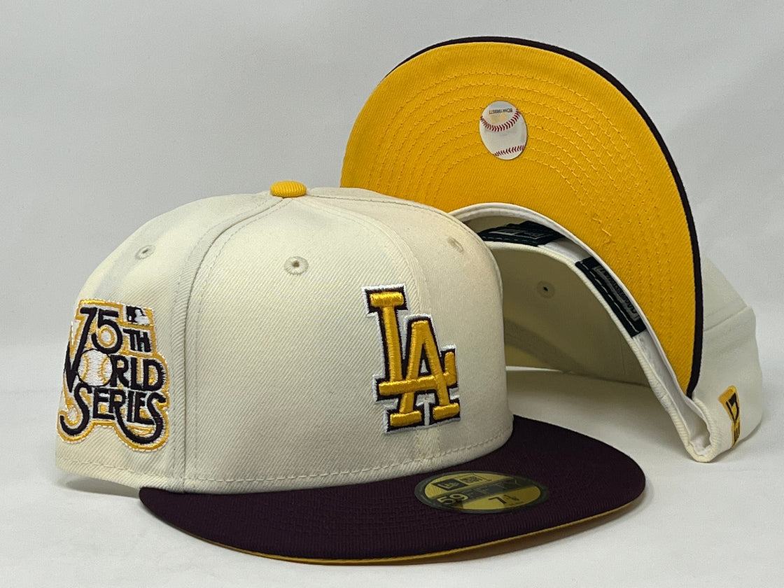 LOS ANGELES DODGERS 75TH WORLD SERIES OFF WHITE MAROON VISOR TAXI YELLOW BRIM NEW ERA FITTED HAT