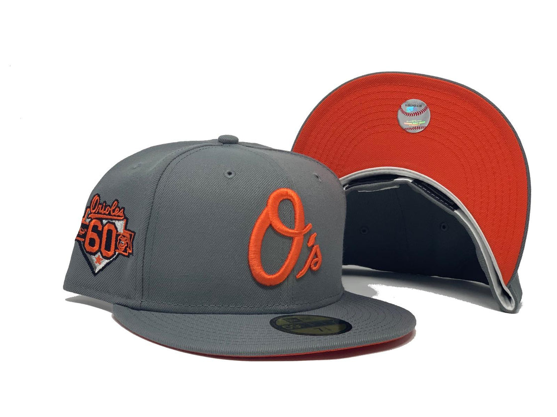 BALTIMORE ORIOLES 60TH ANNIVERSARY STORM GRAY ORANGE BRIM NEW ERA FITTED HAT