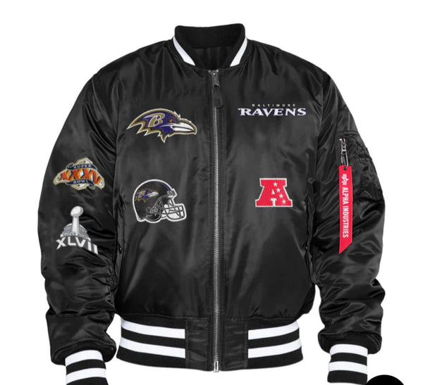 Satin Black Baltimore Ravens MA-1 Bomber Jacket - Jackets Masters