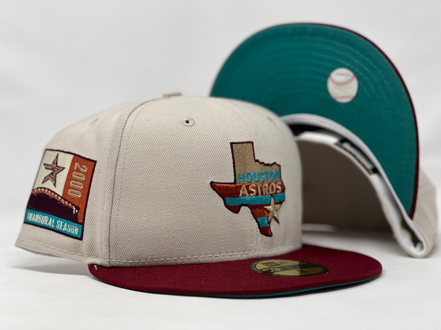 HOUSTON ASTROS 2000 INAUGURAL SEASON CHROME BURGUNDY VISOR TEAL BRIM NEW ERA FITTED HAT