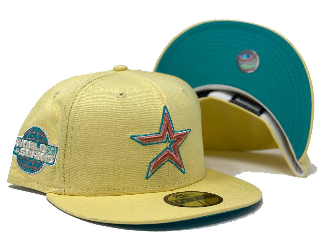 HOUSTON  ASTROS 2005 WORLD SERIES SOFT YELLOW TEAL BRIM NEW ERA FITTED HAT