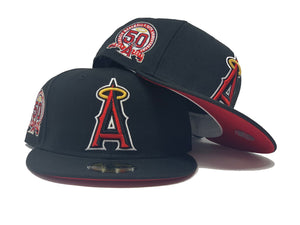 LOS ANGELES ANGELS 50TH ANNIVERSARY BLACK RED BRIM NEW ERA FITTED HAT