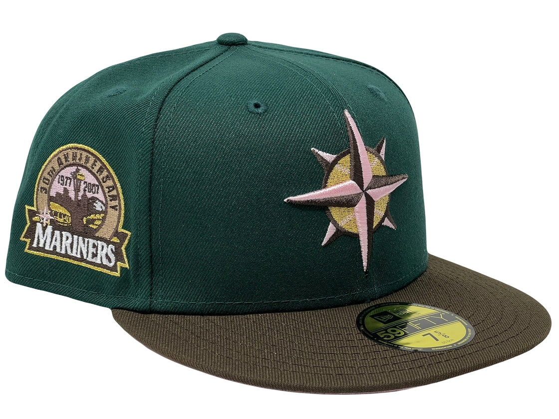 SEATTLE MARINERS 30TH ANNIVERSARY BROWN GREEN VISOR PINK BRIM NEW ERA FITTED HAT