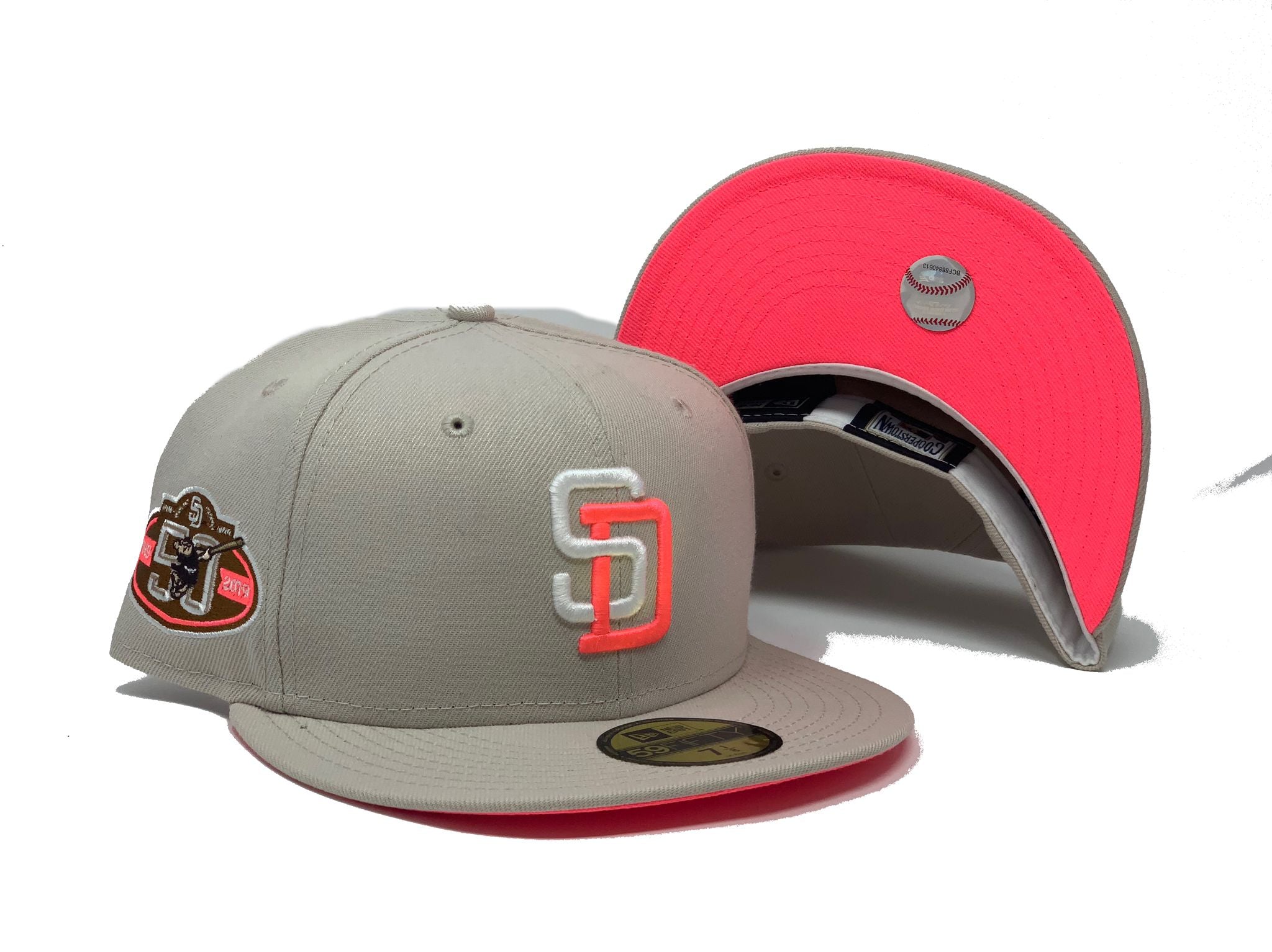 San Diego Padres New Era MLB 9FIFTY 950 Snapback Cap Hat Pink Crown/Visor Pink Glow/Cream Swinging Friar Logo 40th Anniversary Side Patch Pink Glow UV