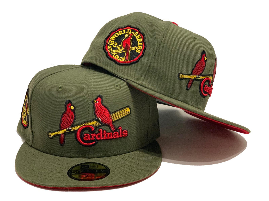 ST. LOUIS CARDINALS 1934 WORLD SERIES DARK OLIVE RED BRIM NEW ERA FITTED HAT