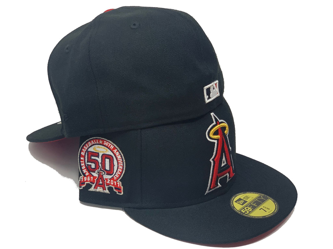LOS ANGELES ANGELS 50TH ANNIVERSARY BLACK RED BRIM NEW ERA FITTED HAT