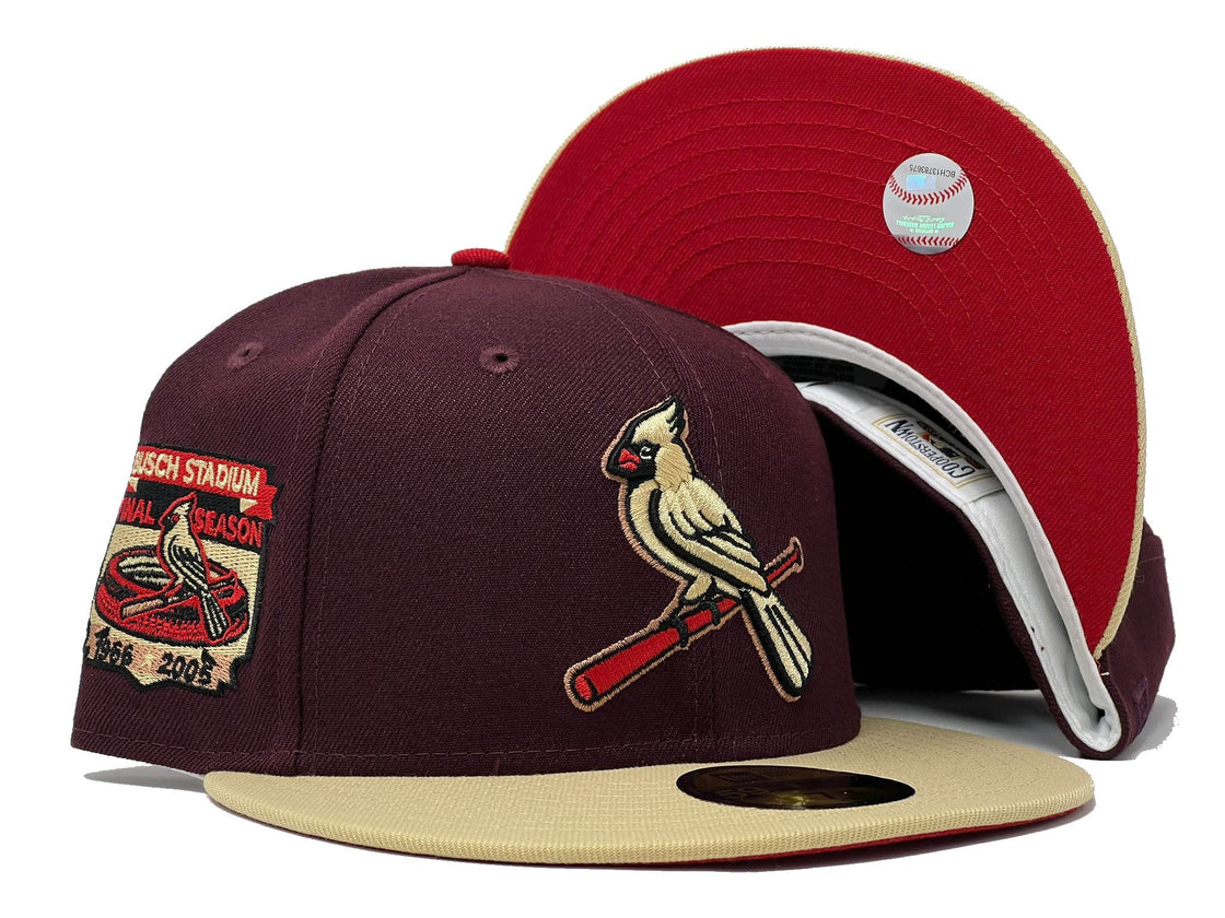 St. Louis Cardinals Busch Stadium Final Season Maroon Vegas Gold Visor Red Brim New Era Fitted Hat