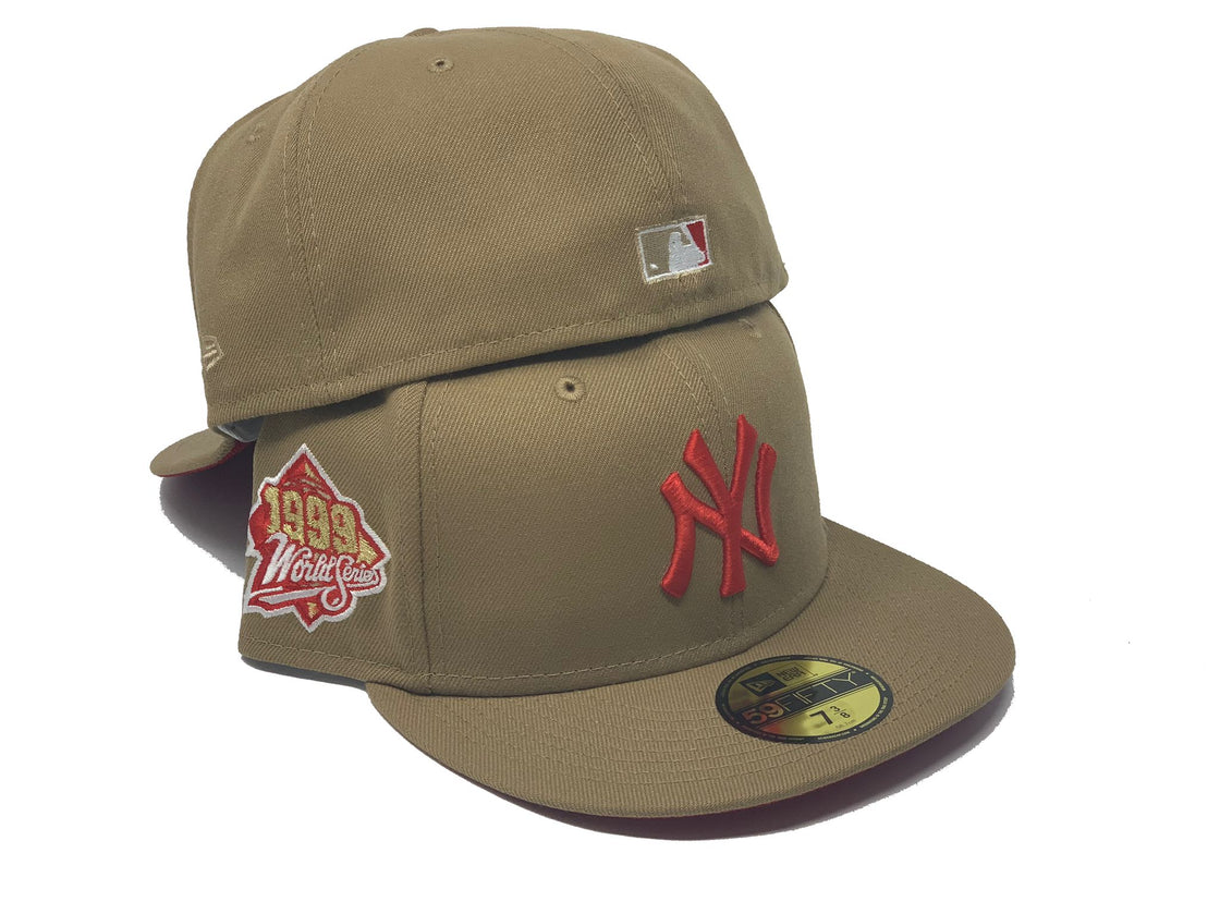 NEW YORK YANKEES 1999 WORLD SERIES  BRITISH KHAKI RED BRIM NEW ERA FITTED HAT