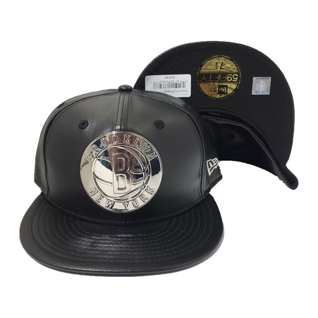 BROOKLYN NETS BLACK FAUX LEATHER  METAL LOGO 59FIFTY NEW ERA FITTED