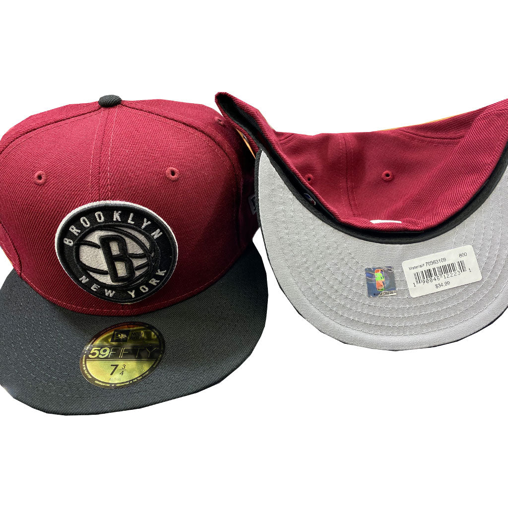 Brooklyn Nets New Era 5950 Burgendy Black Visor Fitted Hat