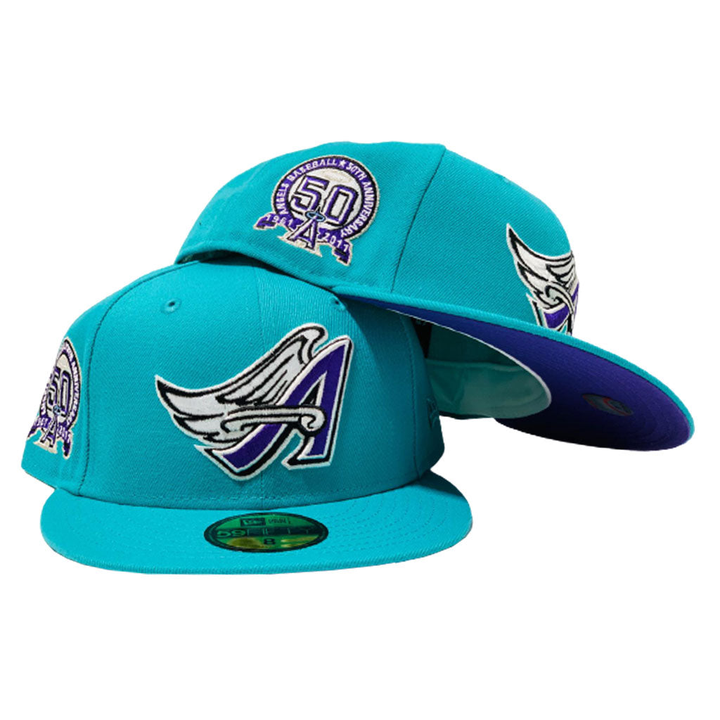 LOS ANGELES ANGELS 50TH SEASON TEAL PURPLE BRIM NEW ERA FITTED HAT