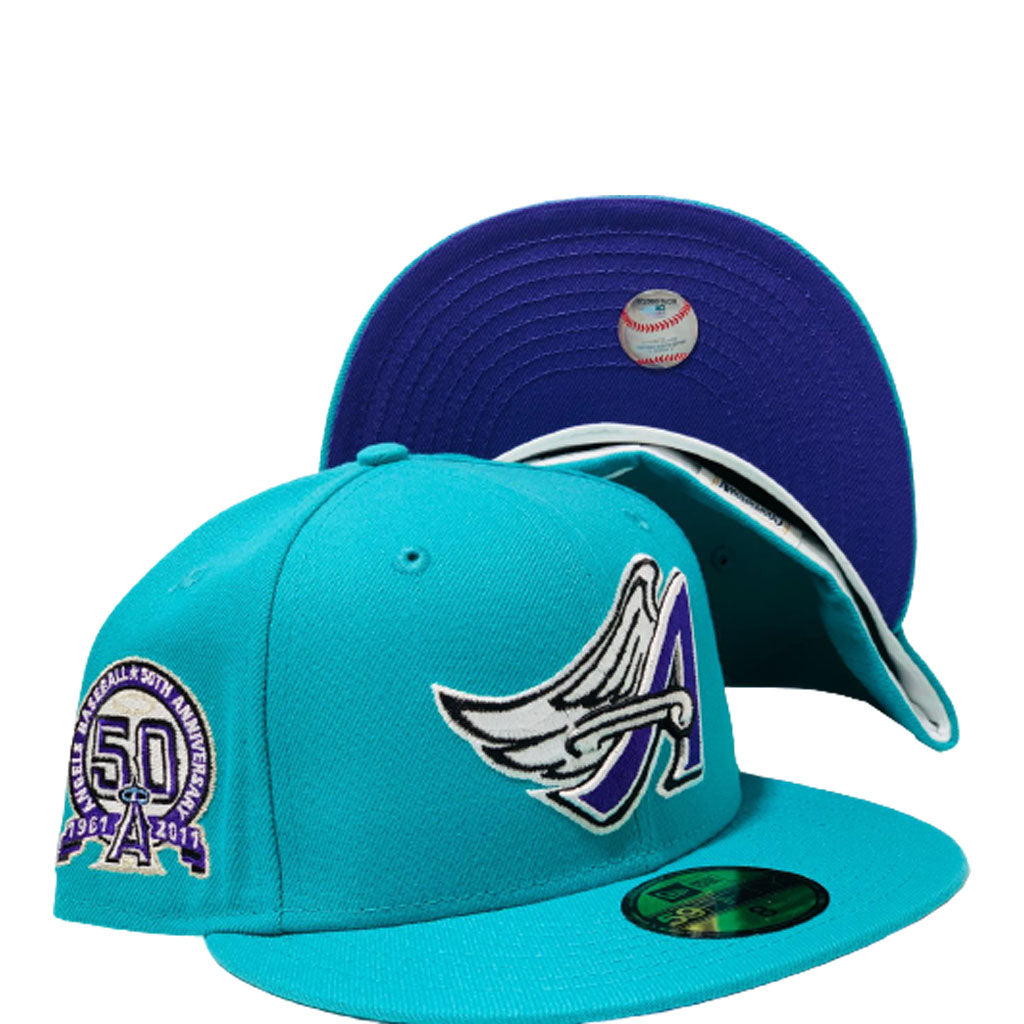LOS ANGELES ANGELS 50TH SEASON TEAL PURPLE BRIM NEW ERA FITTED HAT