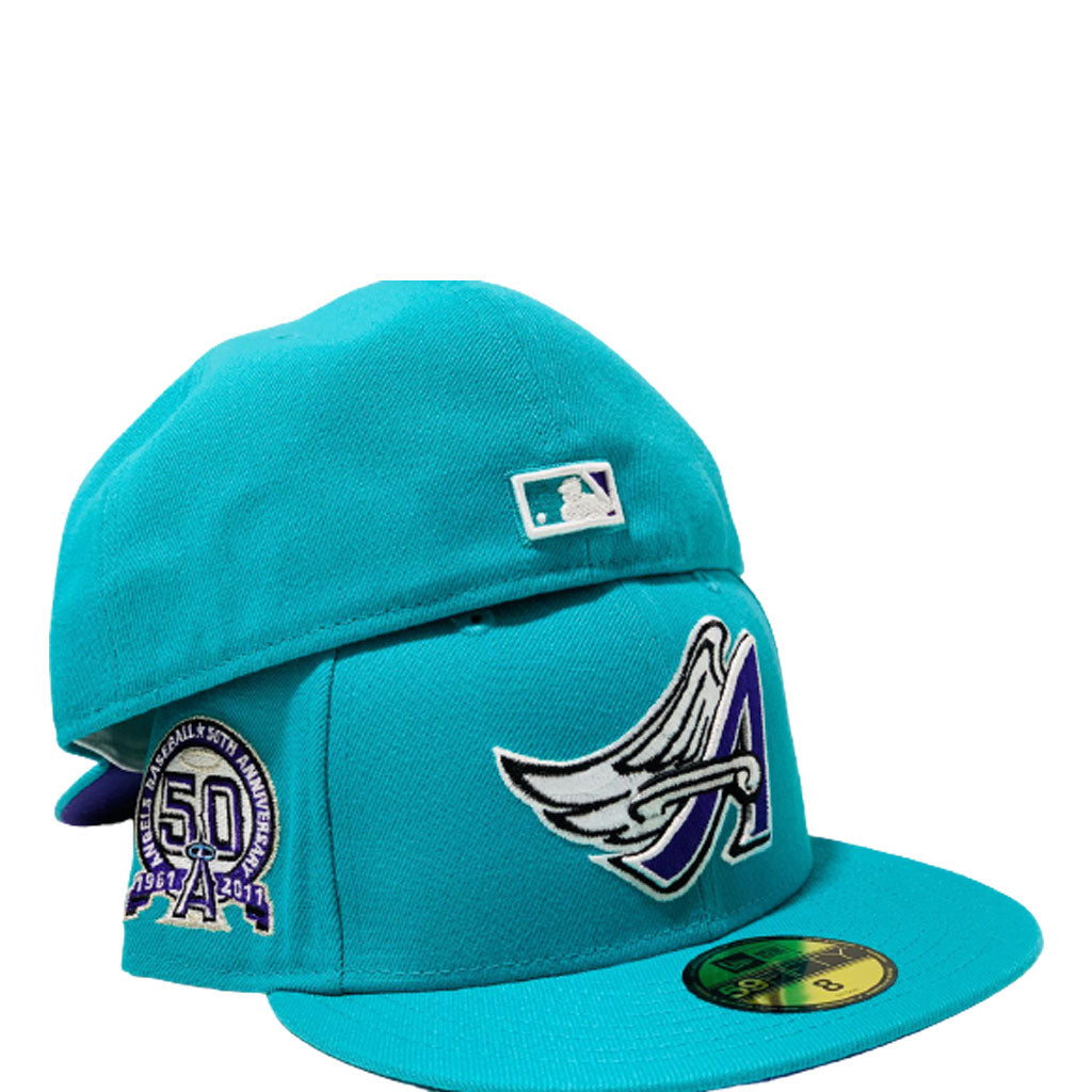 LOS ANGELES ANGELS 50TH SEASON TEAL PURPLE BRIM NEW ERA FITTED HAT