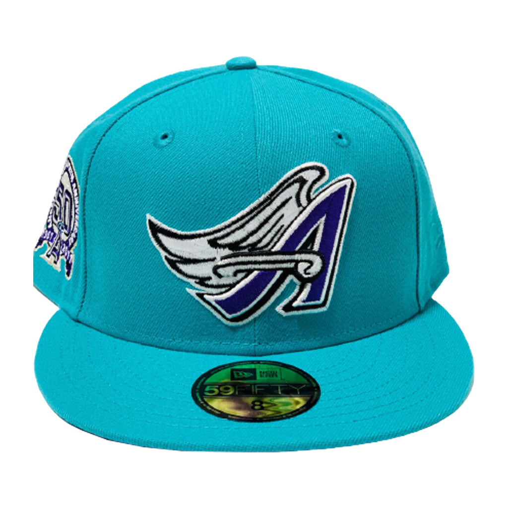 LOS ANGELES ANGELS 50TH SEASON TEAL PURPLE BRIM NEW ERA FITTED HAT