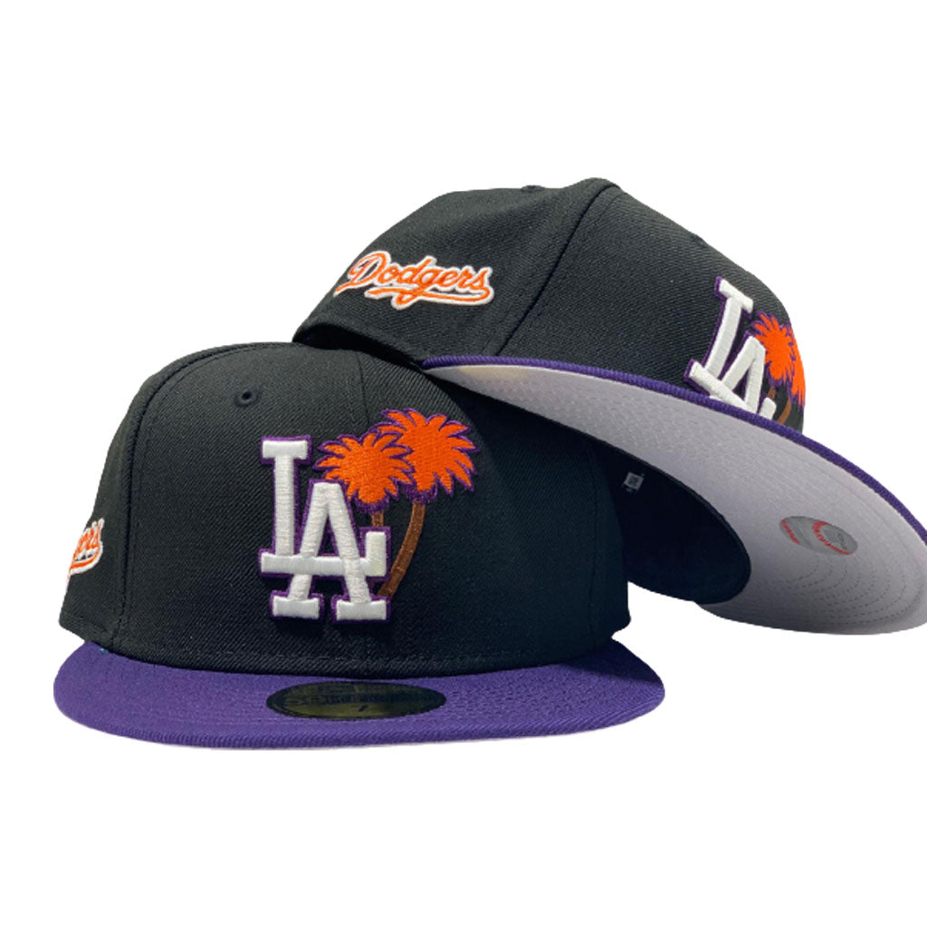 LOS ANGELES DODGERS PALM TREE BLACK PURPLE GRAY BRIM NEW ERA FITTED HAT