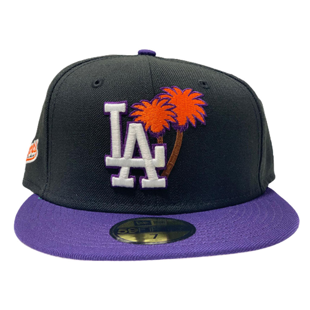 LOS ANGELES DODGERS PALM TREE BLACK PURPLE GRAY BRIM NEW ERA FITTED HAT