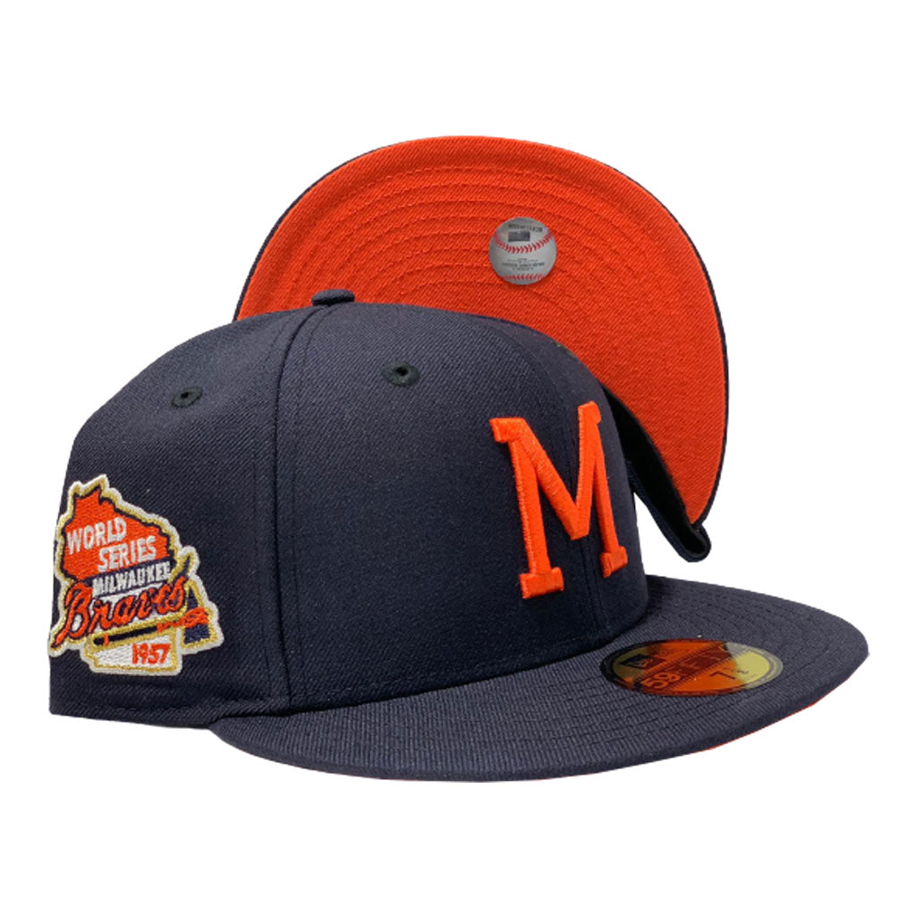 MILWAUKEE BRAVES  1957 WORLD SERIES NAVY ORANGE BRIM NEW ERA FITTED HAT