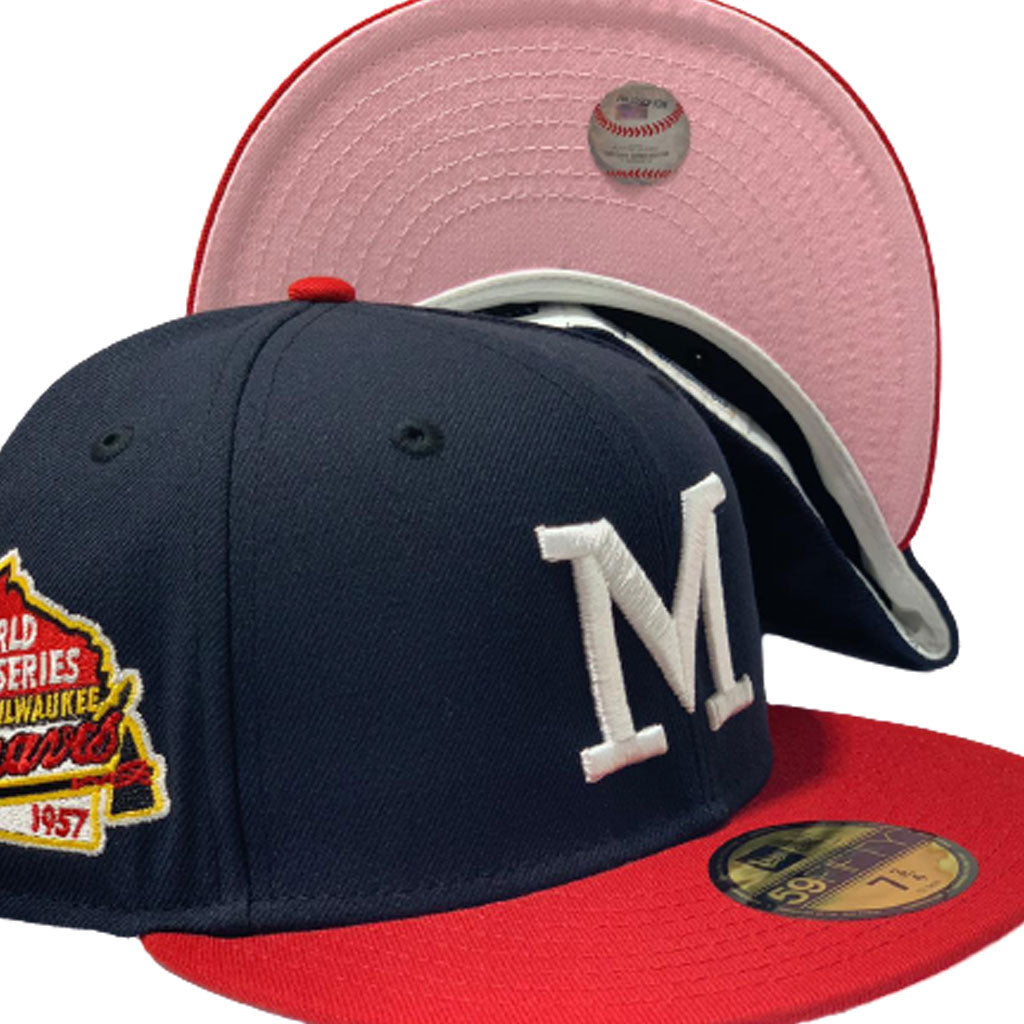 MILWAUKEE BRAVES 1957 WORLD SERIES PINK BRIM NEW ERA FITTED HAT