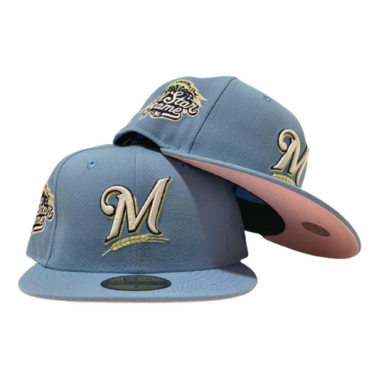 MILWAUKEE BREWERS 2002 ALL STAR SKY BLUE COTTON CANDY PINK BRIM NEW ERA FITTED HAT