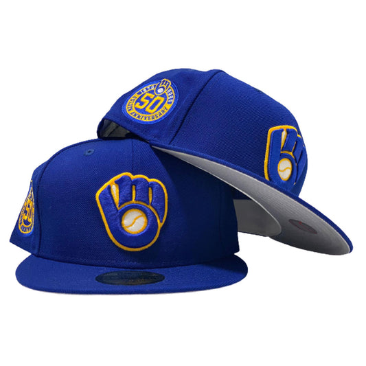 MILWAUKEE BREWERS 50TH SEASON ROYAL GRAY BRIM NEW ERA FITTED HAT