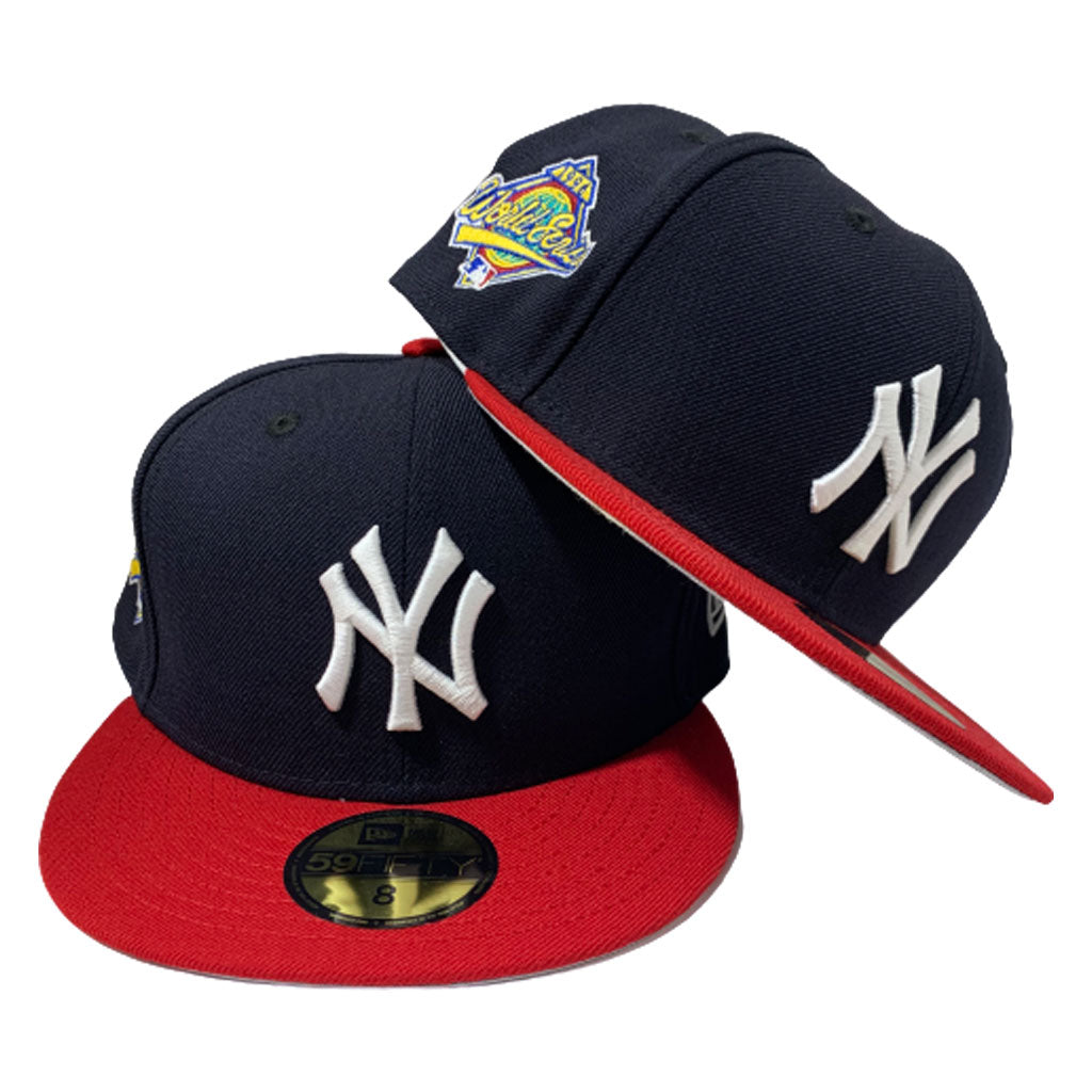 NEW YORK YANKEE NAVY BLUE TOP AND RED VISOR 1996 WORLD SERIES NEW ERA FITTED HAT