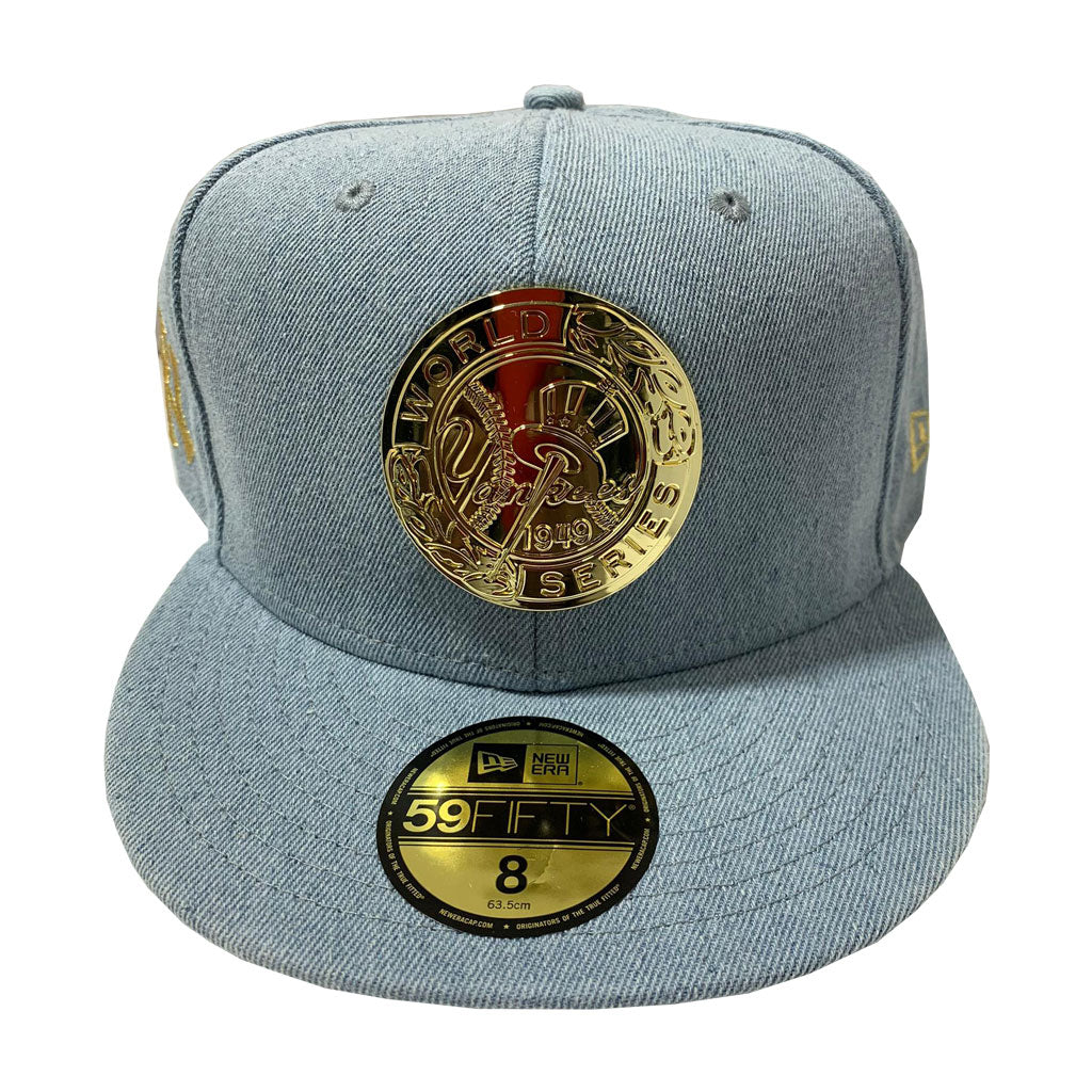 NEW YORK YANKEES LIGHT WASH BLUE DENIM  METAL LOGO 59FIFTY NEW ERA FITTED