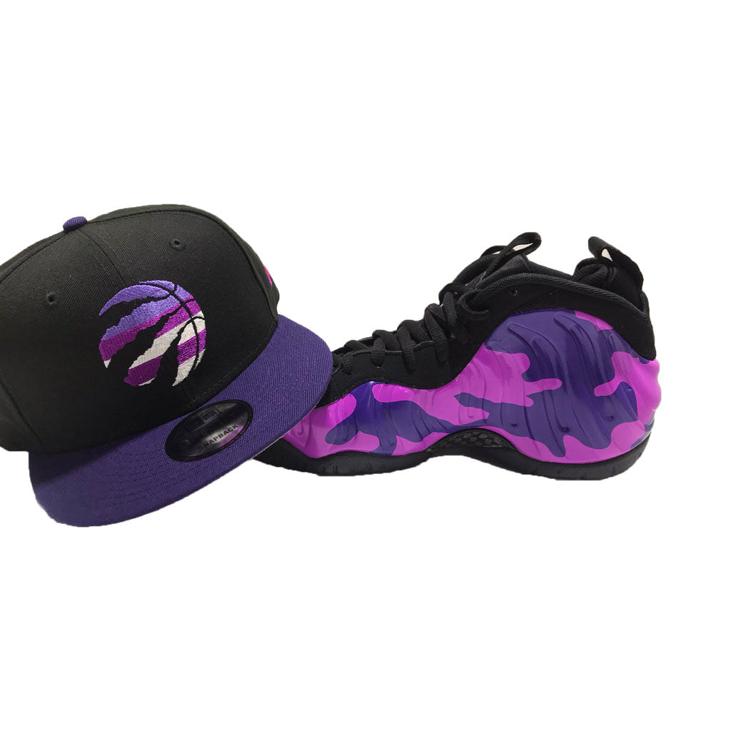 NIKE  FOAMPOSITE " PURPLE CAMO" MATCHING TORONTO RAPTORS  NEW ERA SNAPBACK HAT