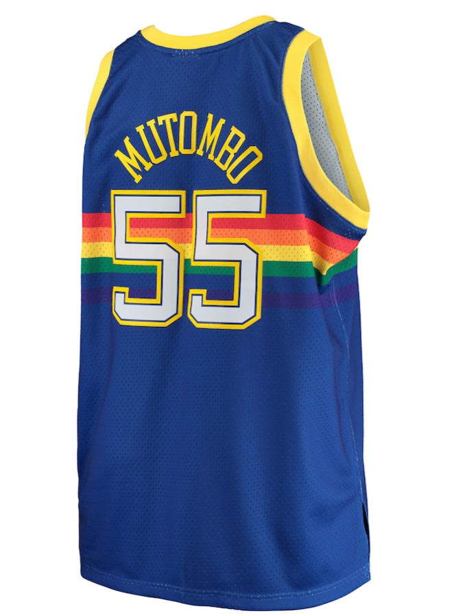 DIKEMBE MUTOMBO DENVER NUGGETS MITCHELL & NESS 1991 SWINGMAN JERSEY