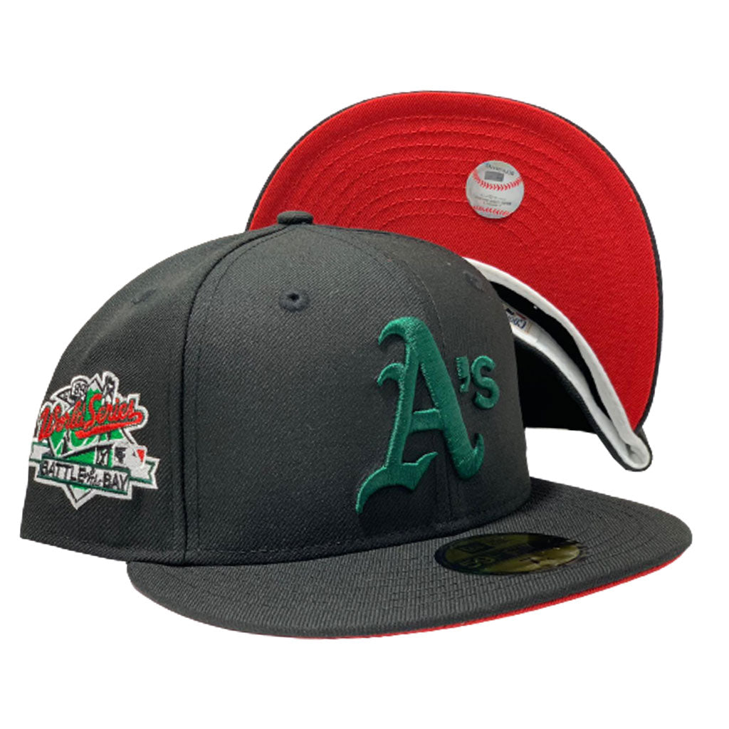 OAKLAND ATHLETICS 1989 WORLD SERIES BLACK RED BRIM NEW ERA FITTED HAT