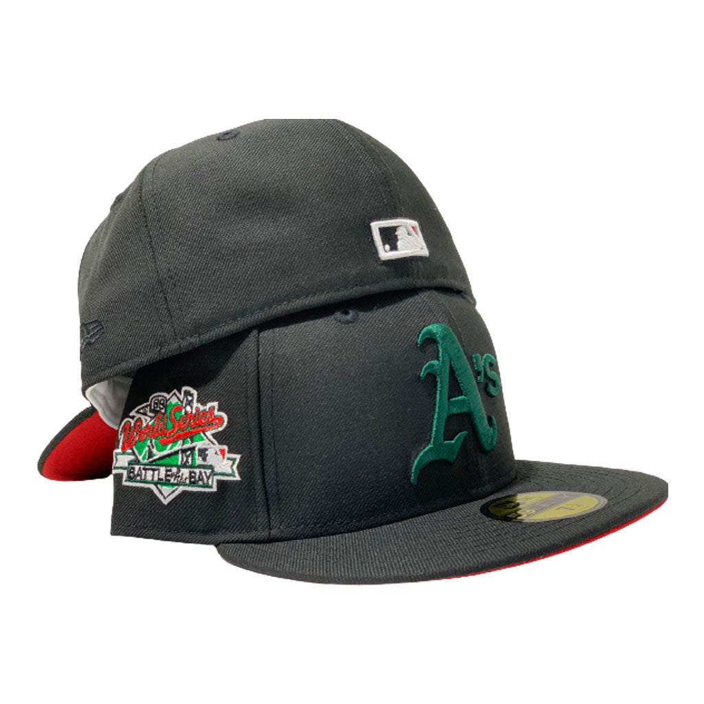 OAKLAND ATHLETICS 1989 WORLD SERIES BLACK RED BRIM NEW ERA FITTED HAT