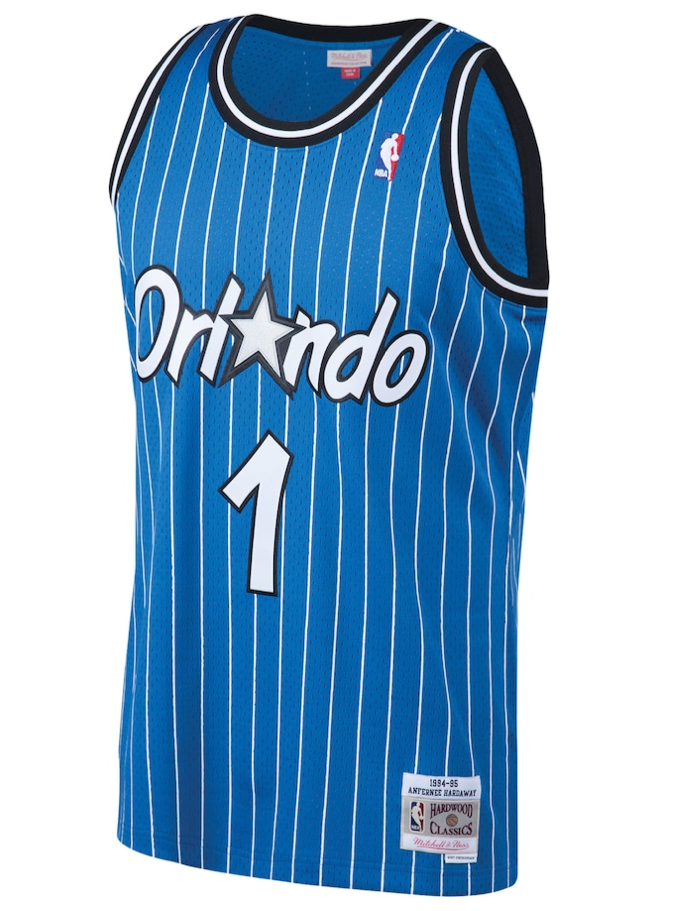 PENNY HARDAWAY ORLANDO MAGIC PIN STRIPE MITCHELL & NESS 1994 SWINGMAN JERSEY