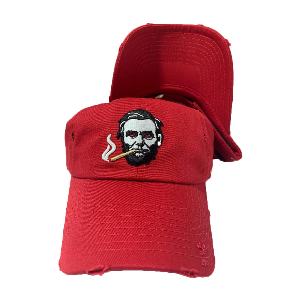RED DISRESSED SMOKING ABE  DAD HAT