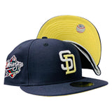 SAN DIEGO PADRES 1998 WORLD SERIES NAVY BLUE BUTTER POPCORN SOFT YELLOW BRIM NEW ERA FITTED HAT