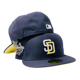 SAN DIEGO PADRES 1998 WORLD SERIES NAVY BLUE BUTTER POPCORN SOFT YELLOW BRIM NEW ERA FITTED HAT