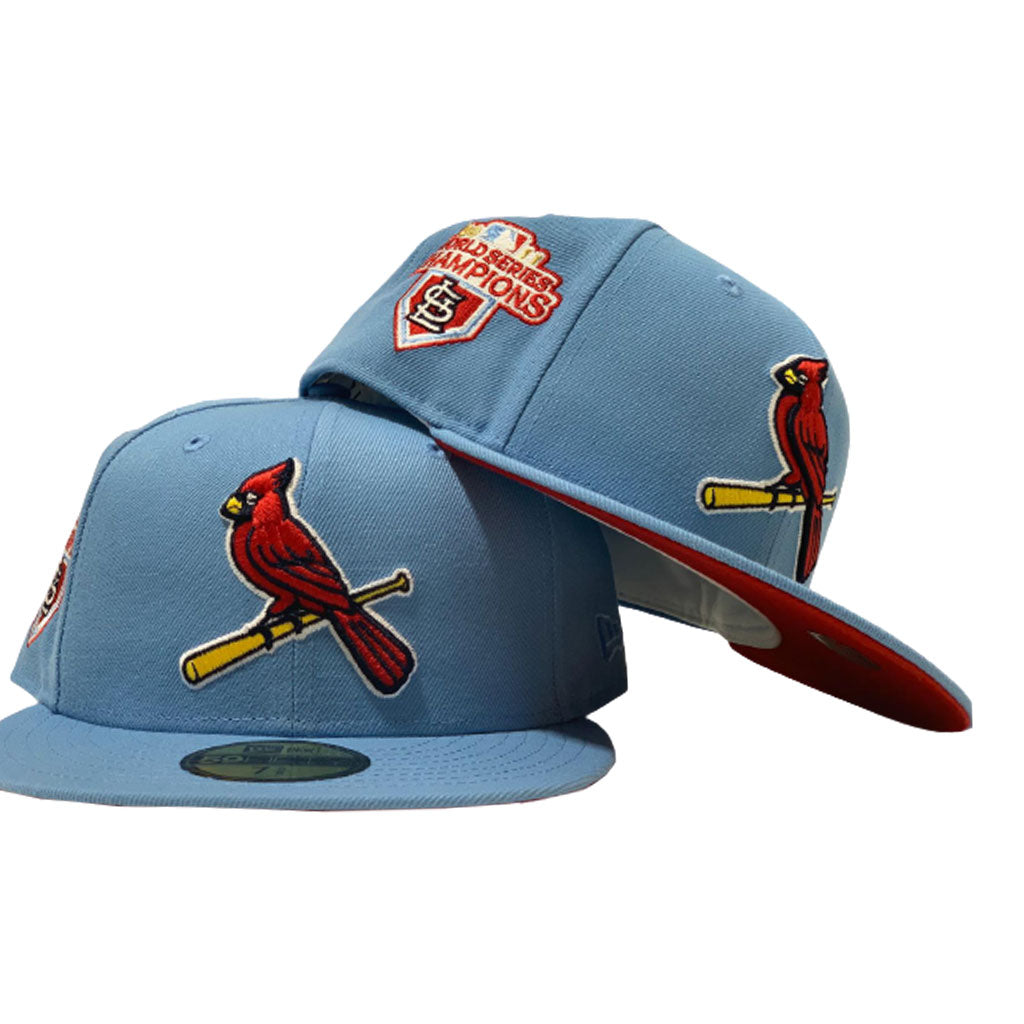 ST. LOUIS CARDINALS 2011 WORLD SERIES CHAMPIONS SKY BLUE CAP RED BRIM NEW ERA FITTED HAT