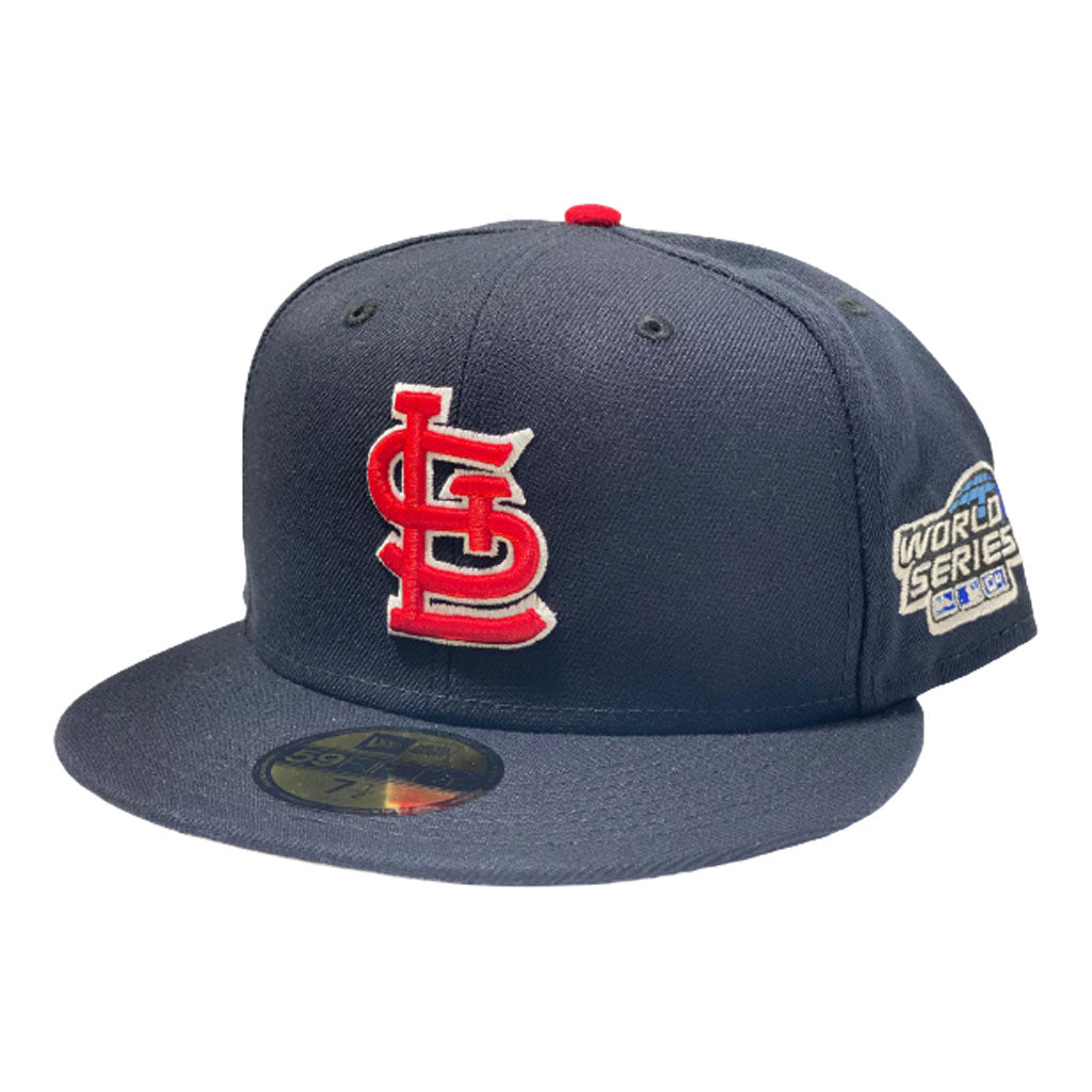 ST. LOUIS CARDINALS NAVY 2004 WORLD SERIES ONFIELD GRAY BRIM NEW ERA FITTED HAT