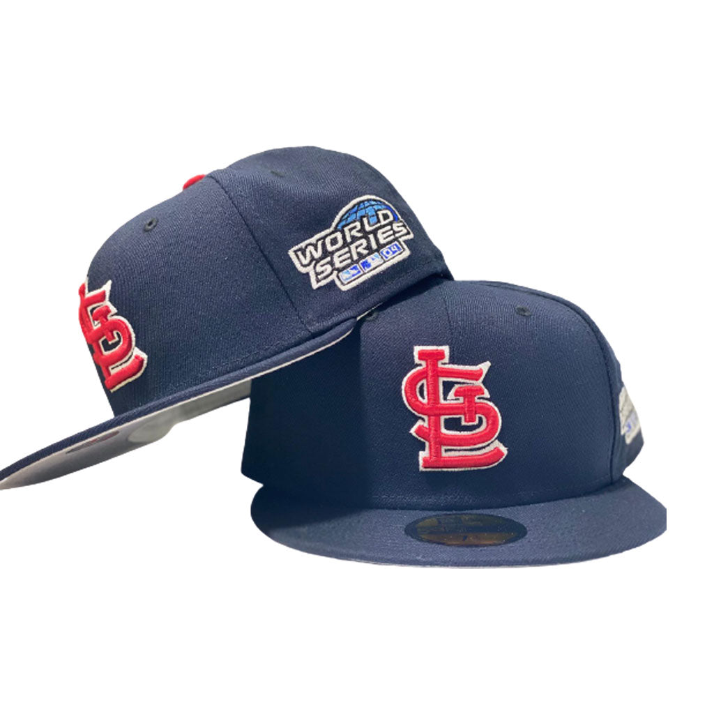 ST. LOUIS CARDINALS NAVY 2004 WORLD SERIES ONFIELD GRAY BRIM NEW ERA FITTED HAT